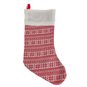 Red Knit Christmas Stocking Nordic Snowflake White Cuff 16” Holiday Decor